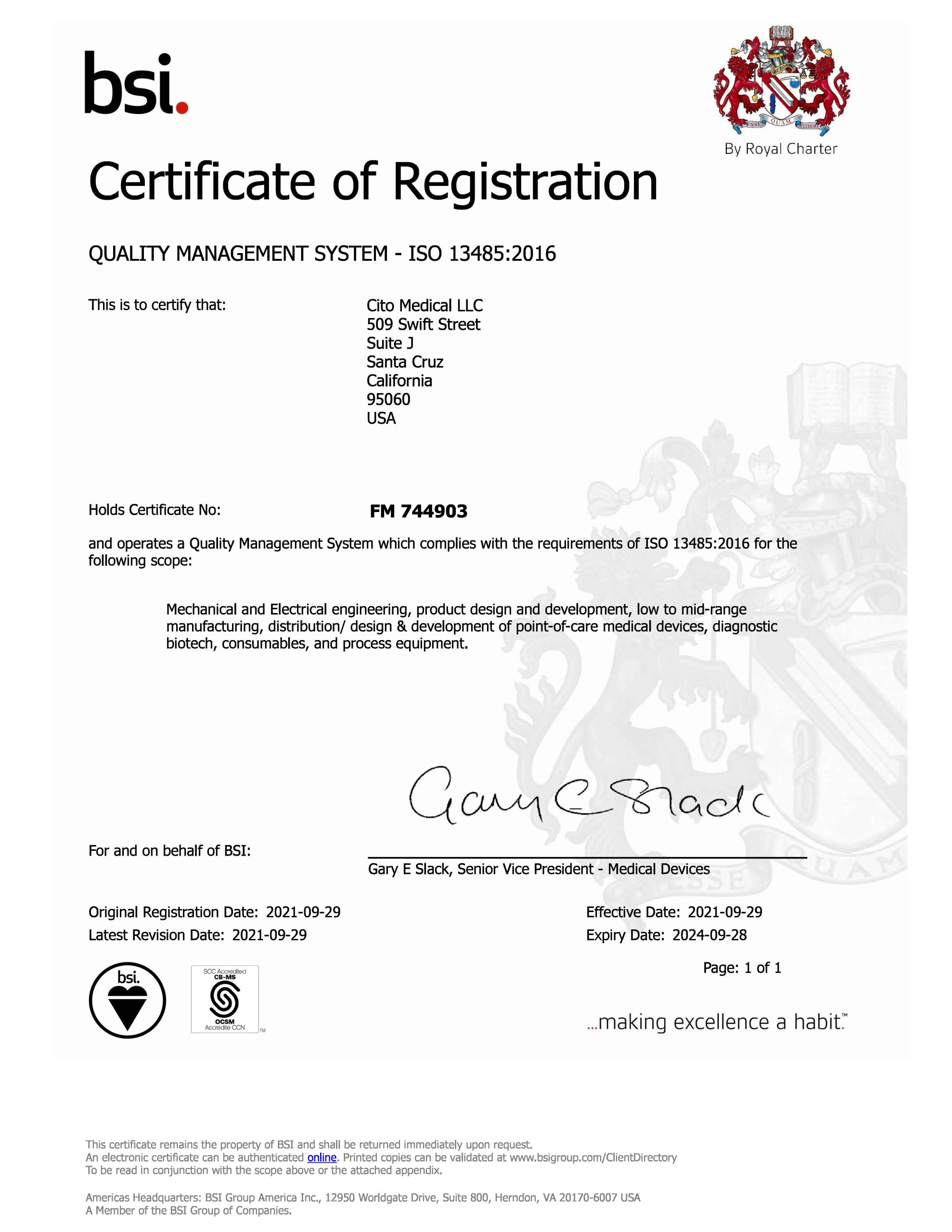 ISO 13485 Certification - Cito Medical